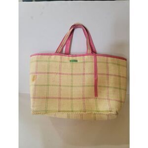 Ralph Lauren Women's Beige Plaid Woven Straw Tote Bag With Purse Size Medium